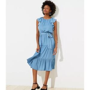 NWT Loft Women's Ruffle Tiered Midi Dress Flutter Sleeve Cornflower Blue‎ Small